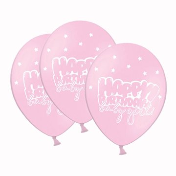 Balloner Happy Birthday Baby Girl lyserød 30cm, 6 stk. festartikler