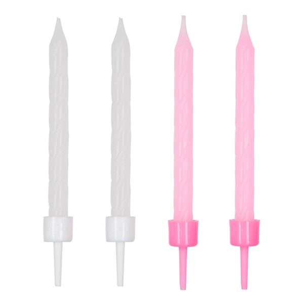 Kagelys med holder hvid/lys pink 6cm, 24 stk. fødselsdagslys