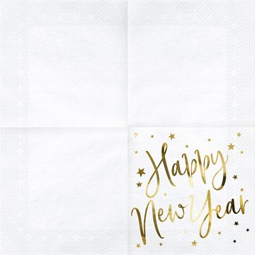 Servietter Happy New Year hvid/guld 33cm x 33cm, 20 stk. festartikler
