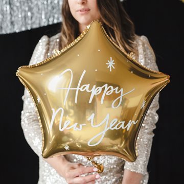 Folieballon Happy New Year hvid/guld 47cm x 50cm nytårspynt