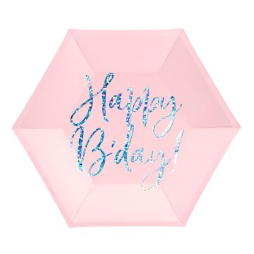 Paptallerken Happy B'day lyserød/sølv 20 cm, 6 stk. festartikler