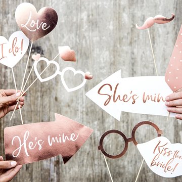 Photobooth selfiesticks Bryllup hvid/rosegold, 12 stk. festartikler