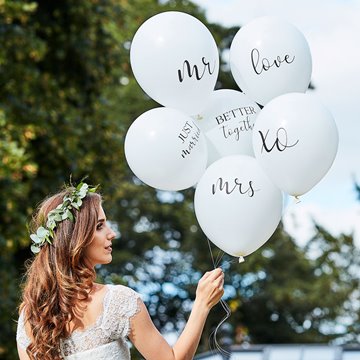 Balloner Wedding hvid/sort 30cm, 6 stk. festartikler