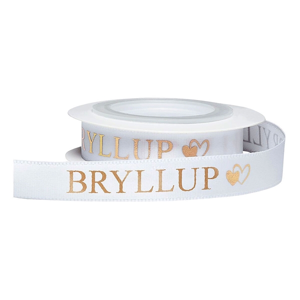 Satinbånd Bryllup hvid/guld 1,2cm x 5m bryllupspynt