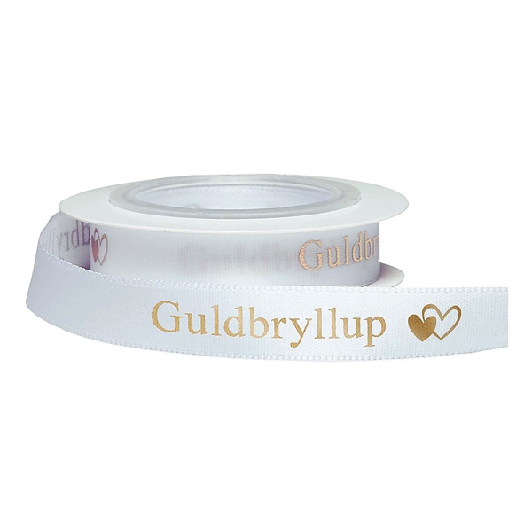 Satinbånd Guldbryllup hvid/guld 1,2cm x 5m guldbryllupspynt