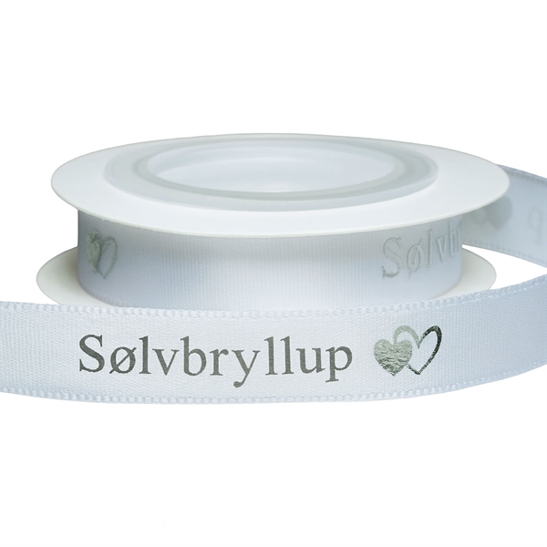Satinbånd Sølvbryllup hvid/sølv 1,2cm x 5m sølvbryllupspynt