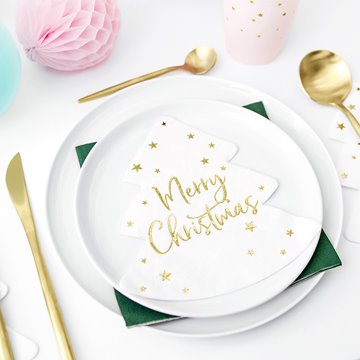 Servietter Juletræ Merry Christmas hvid/guld, 20 stk. festartikler