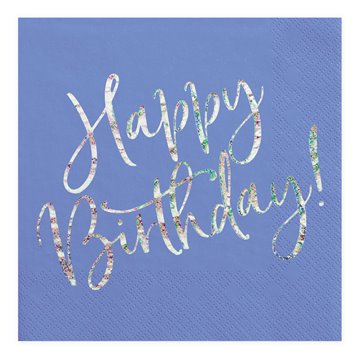 Servietter Happy Birthday blå/sølv 33cm x 33cm, 20 stk. festartikler