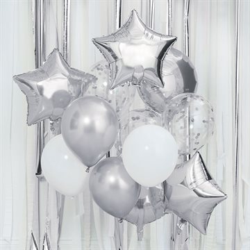 Balloner Mix gennemsigtig/hvid/sølv, 12 stk. ballonudsmykning