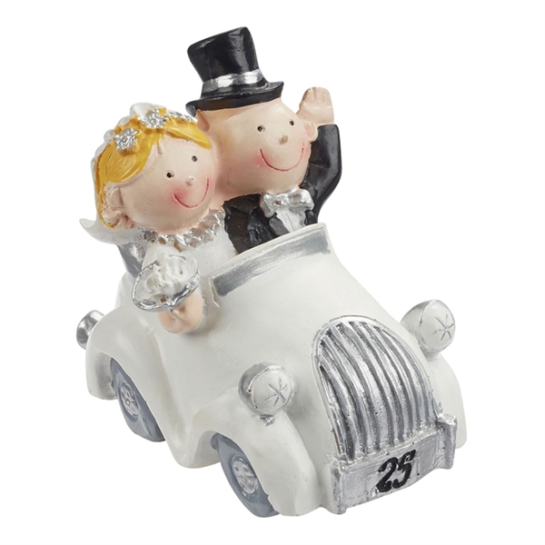 Figur Sølvbryllupspar i bryllupsbil 7cm sølvbryllupspynt