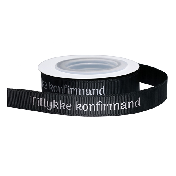Bånd Tillykke Konfirmand sort/sølv 1,2cm x 5m konfirmationspynt