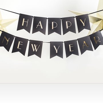 Guirlande Happy New Year sort/guld 1,7m festartikler