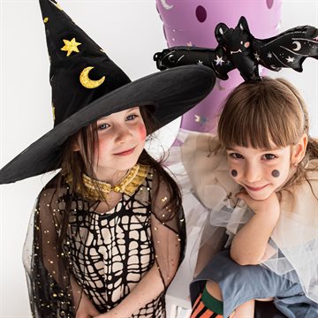 Heksehat Halloween sort/guld børnekostume