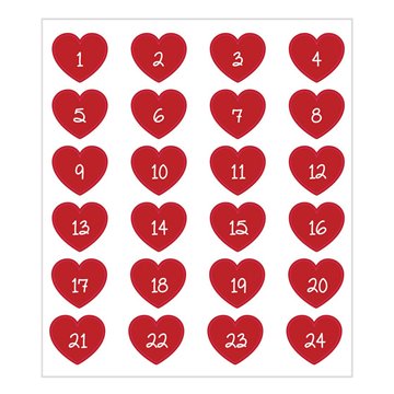 Stickers Kalendertal til pakkekalender Hjerter rød 1-24 festartikler