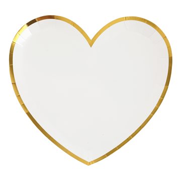 Paptallerken Hjerte med guldkant hvid/guld, 10 stk. festartikler