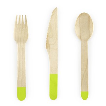 Engangsbestik træ kniv, gaffel, ske limegrøn/natur, 6 sæt festartikler