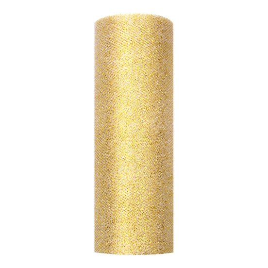 Tyl med glimmer guld 15cm x 9m. festartikler