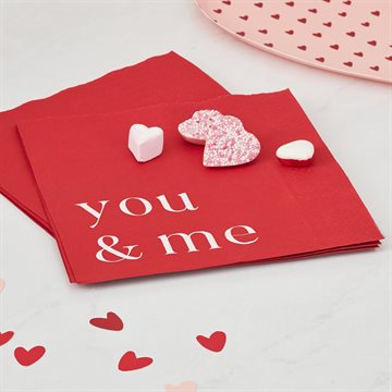 Servietter You & Me hvid/rød 33cm x 33cm, 15 stk. valentinsdag